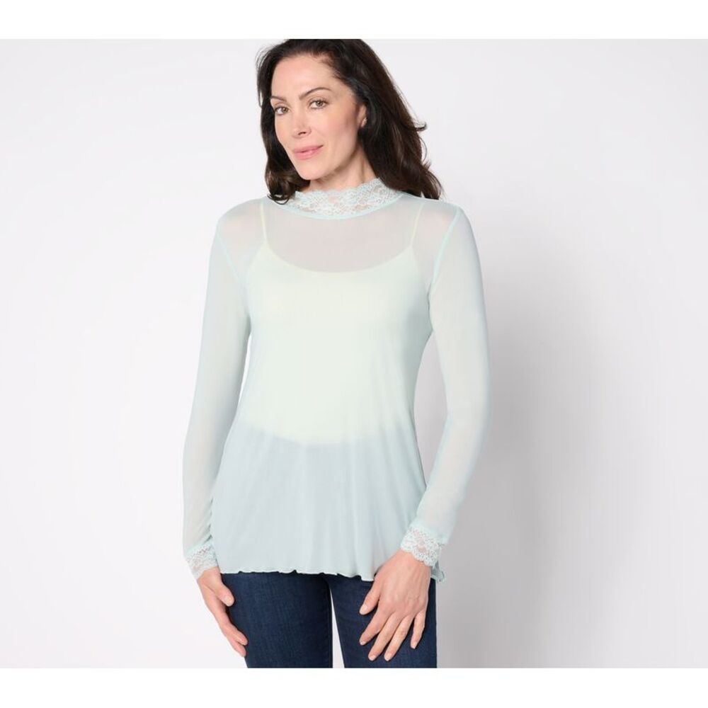 Farmers Defense Women's Top Sz L Sheer Mesh Mock Neck Lace Trim Gray A385387